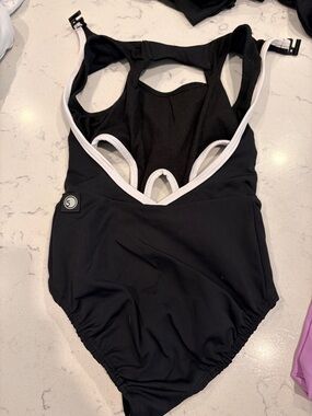 Girls Black One-Piece Swimsuit with White Trim - Performance Fit